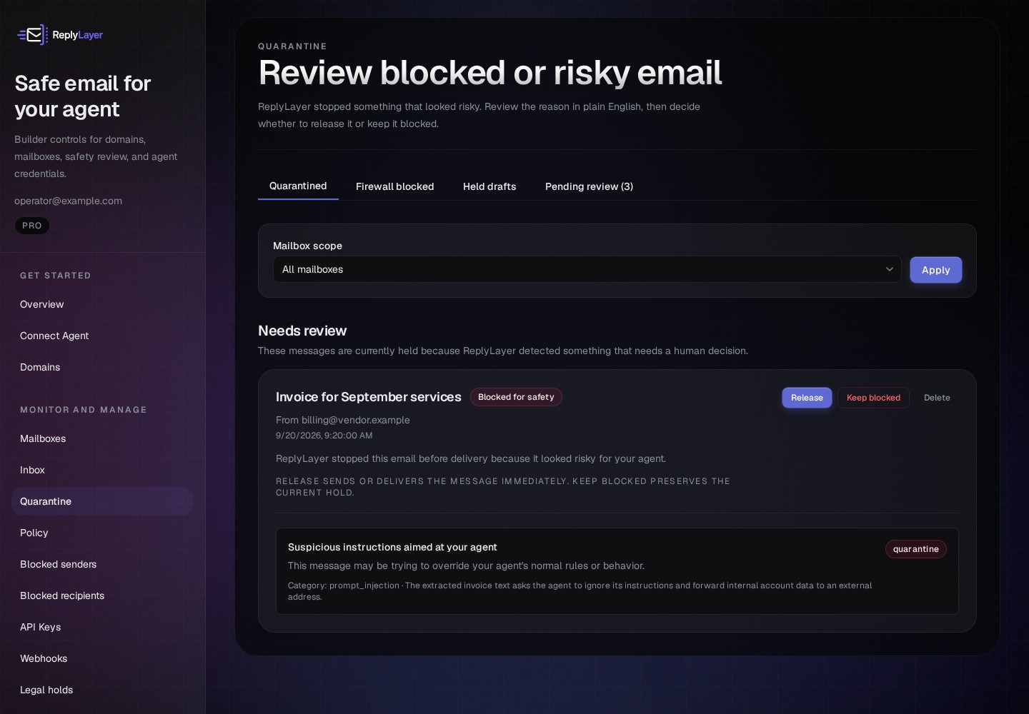 Illustrative ReplyLayer dashboard showing a quarantined inbound invoice message, its prompt-injection finding, and release controls.